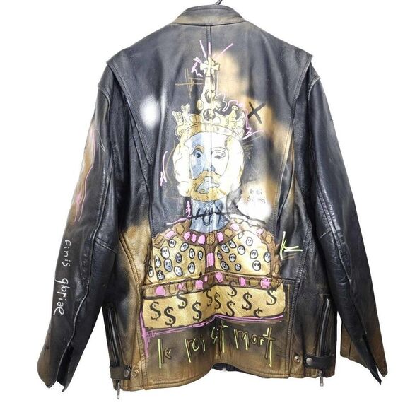 Mega Force Men's Sz46 Black Leather Custom Hand Painted Zip Motorcycle Jacket - Picture 6 of 16